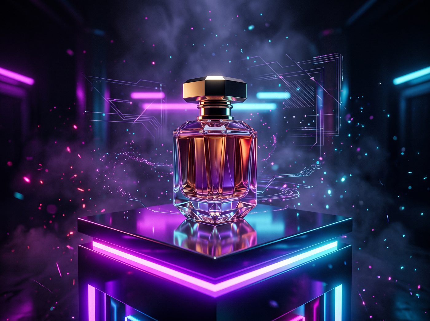 Fotos de producto con IA: perfume premium con luz neón